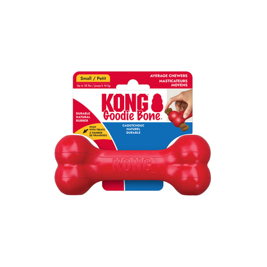 Red KONG Goodie Bone dog toy with packaging on a white background
