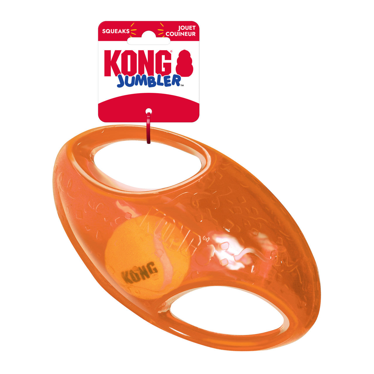 Orange KONG Jumbler toy with packaging on a white background