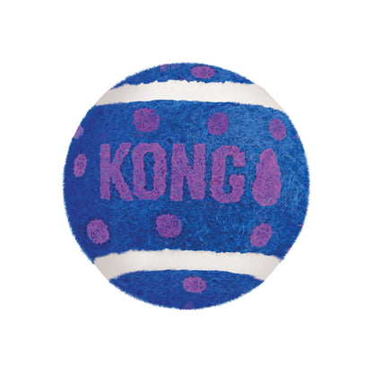 Blue and purple KONG Cat Active Tennis Balls with Bells  on a white background