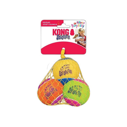 KONG AirDog SqueakAir Birthday Balls 3 Pack Squeaker toy set in a yellow mesh bag with a retail header card. The set includes three colorful squeakers balls in yellow, orange, and green, each printed with 'Happy Birthday' and 'KONG'.