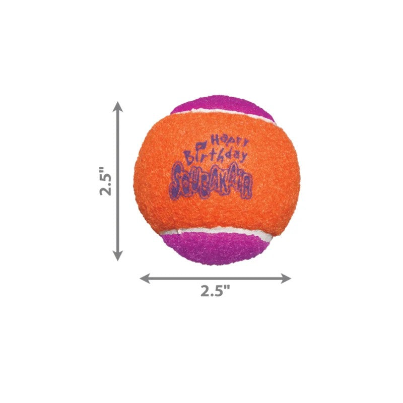 KONG AirDog SqueakAir Birthday Ball shown with dimension arrows indicating a 2.5-inch diameter on a white background.