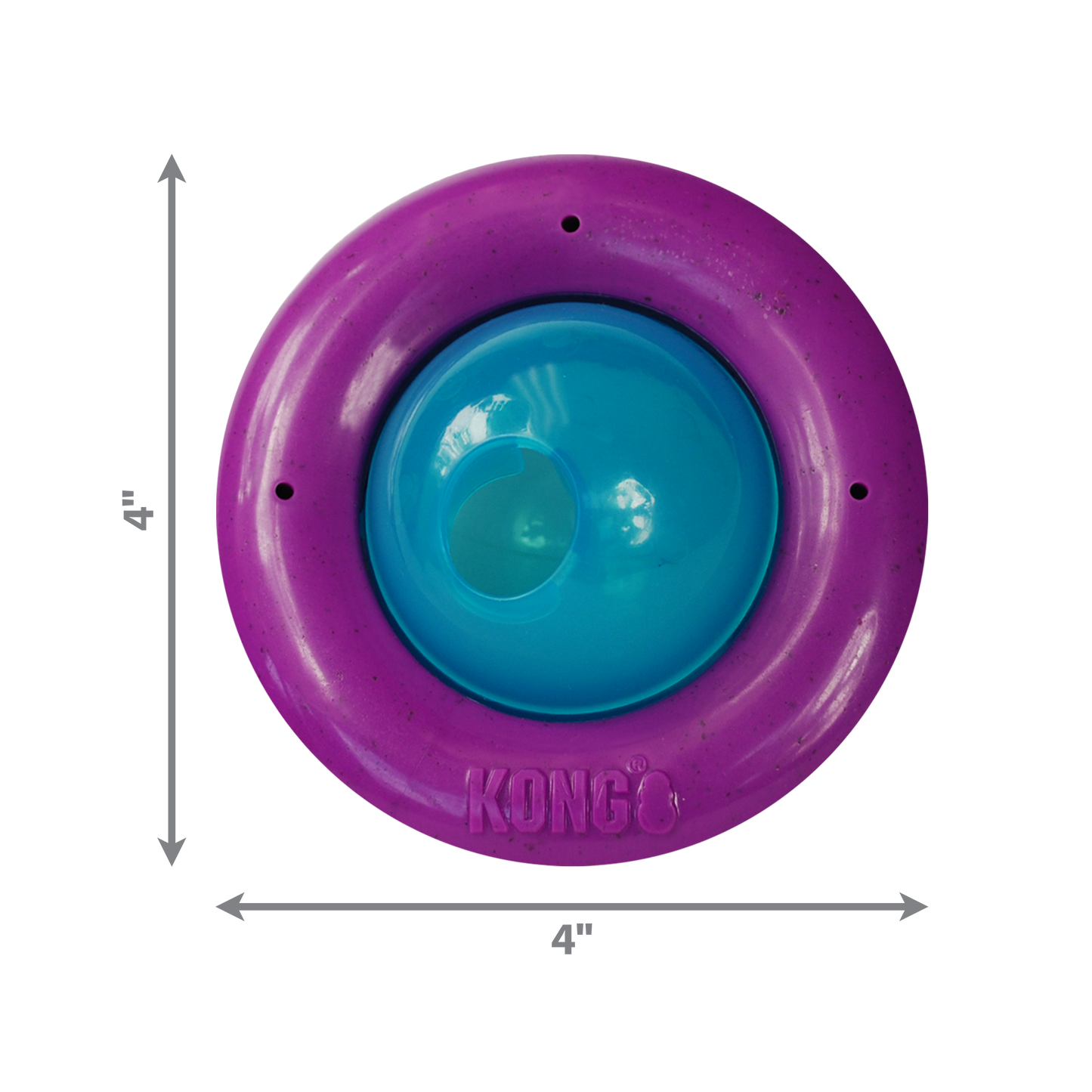 Purple and blue KONG Gyro Cat toy with dimensions on a white background