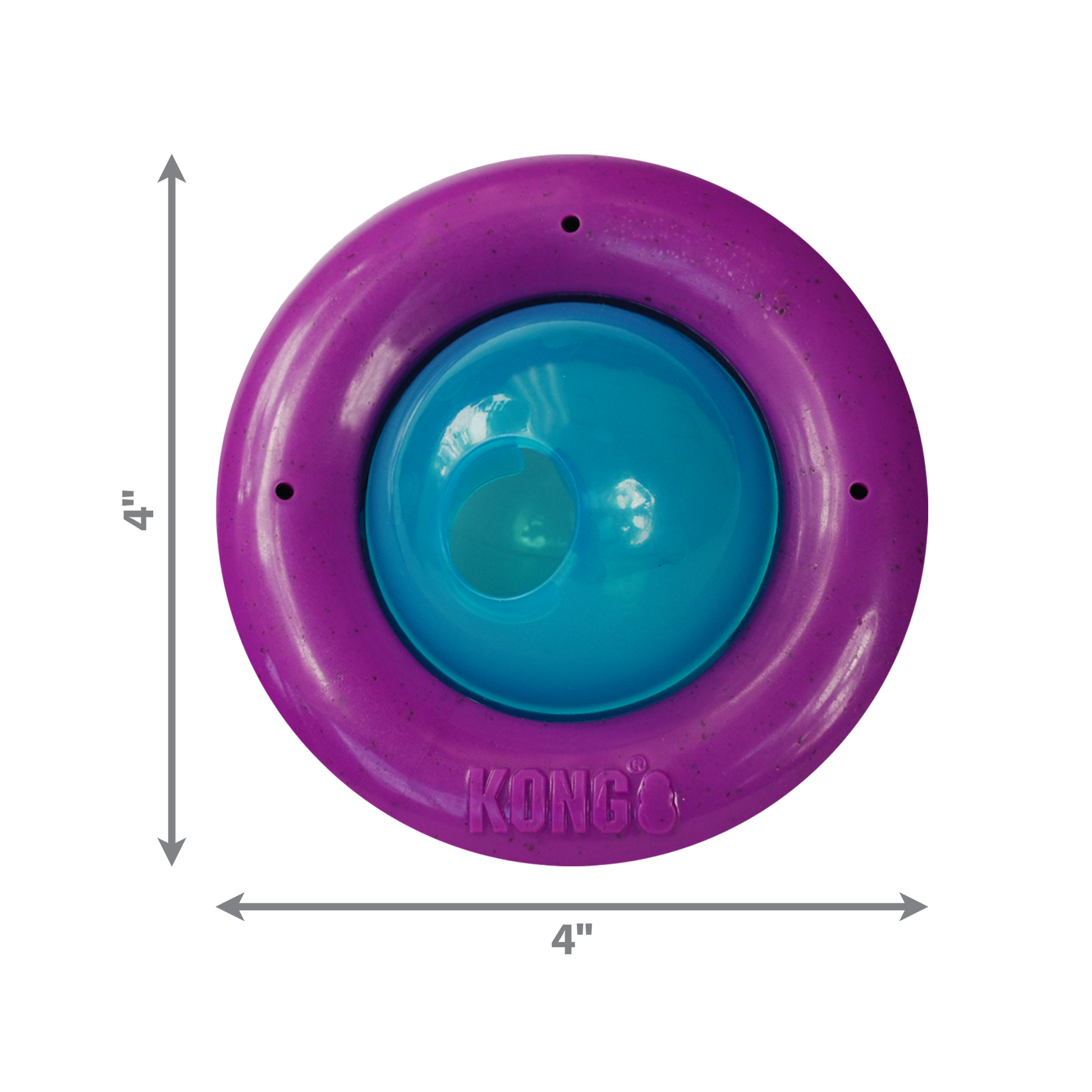 Purple and blue KONG Gyro Cat toy with dimensions on a white background