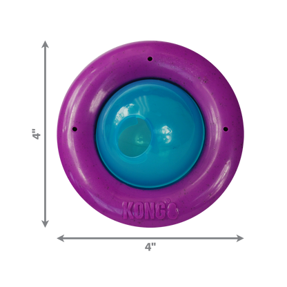 Purple and blue KONG Gyro Cat toy with dimensions on a white background