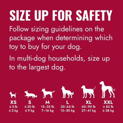 KONG Dog toy size chart with guidelines for safety on a red background