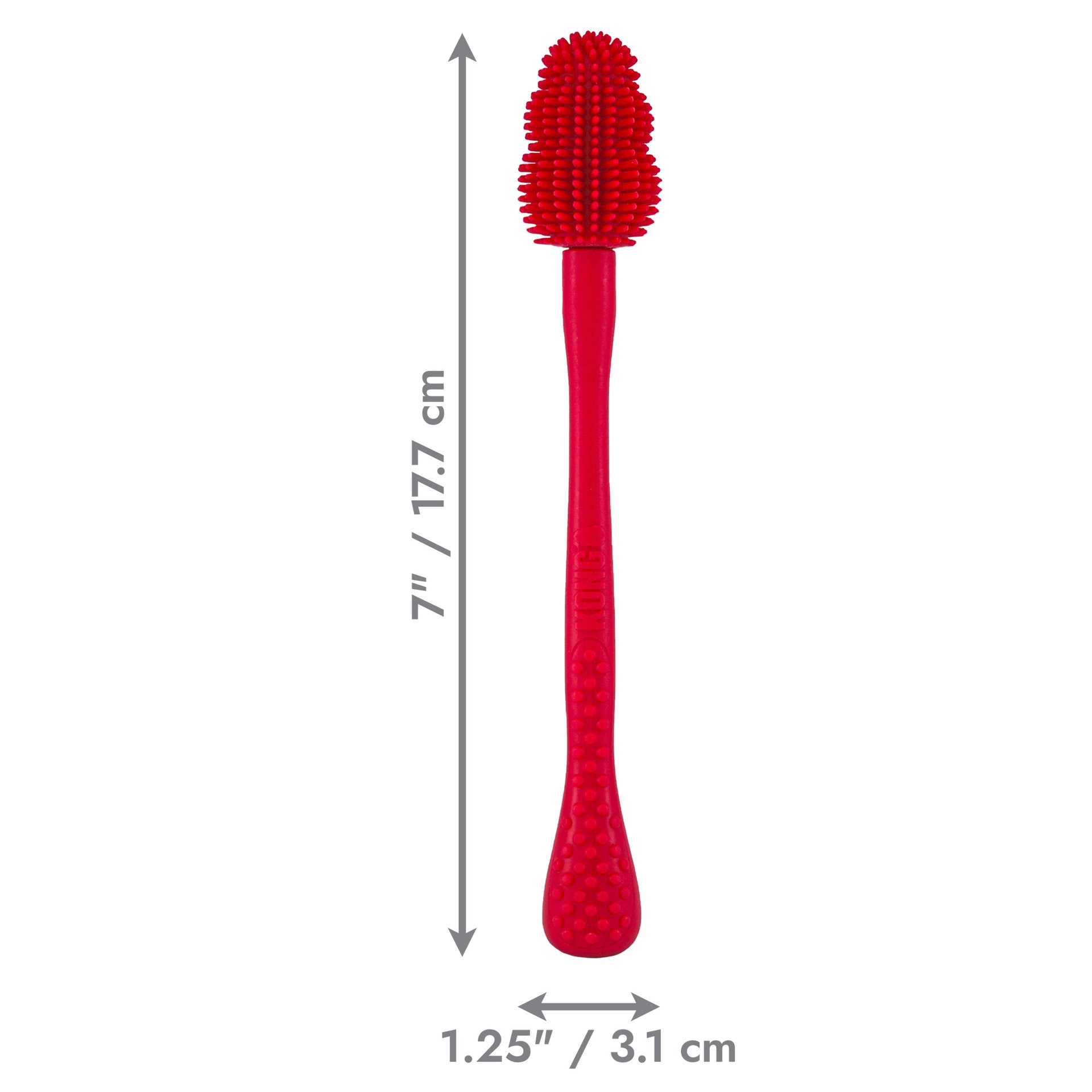 Red KONG Cleaning Brush with measurements on a white background