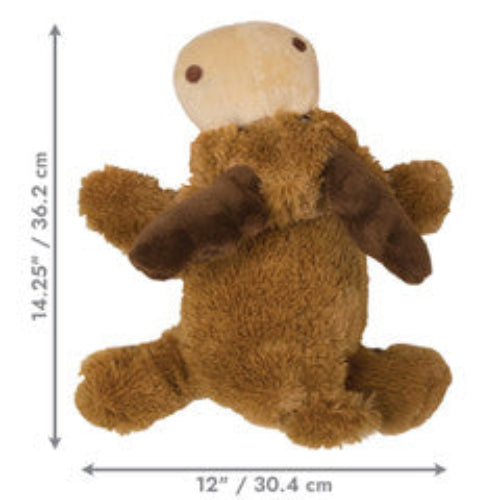Brown plush KONG Cozie Marvin Moose toy with dimensions displayed