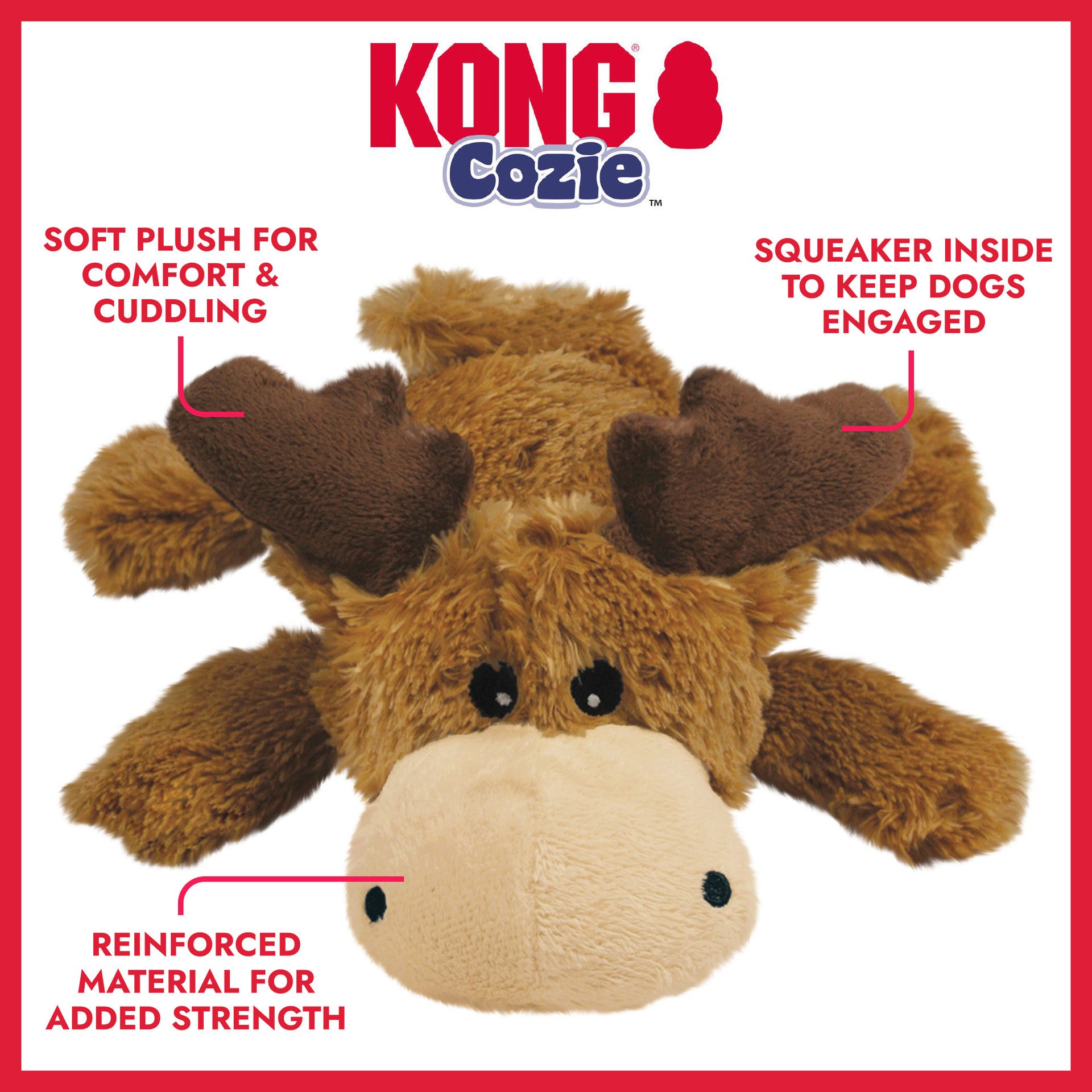 Kong Cozie Marvin Moose plush toy for dogs with features highlighted on a red background