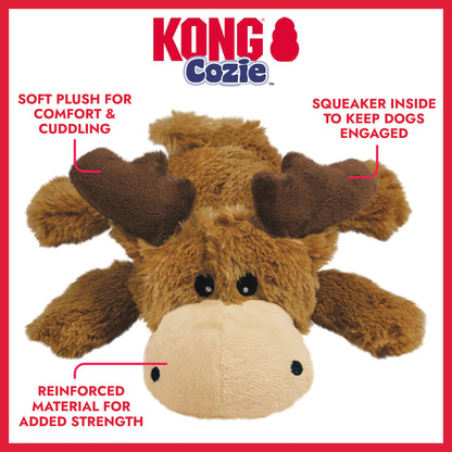 Kong Cozie Marvin Moose plush toy for dogs with features highlighted on a red background