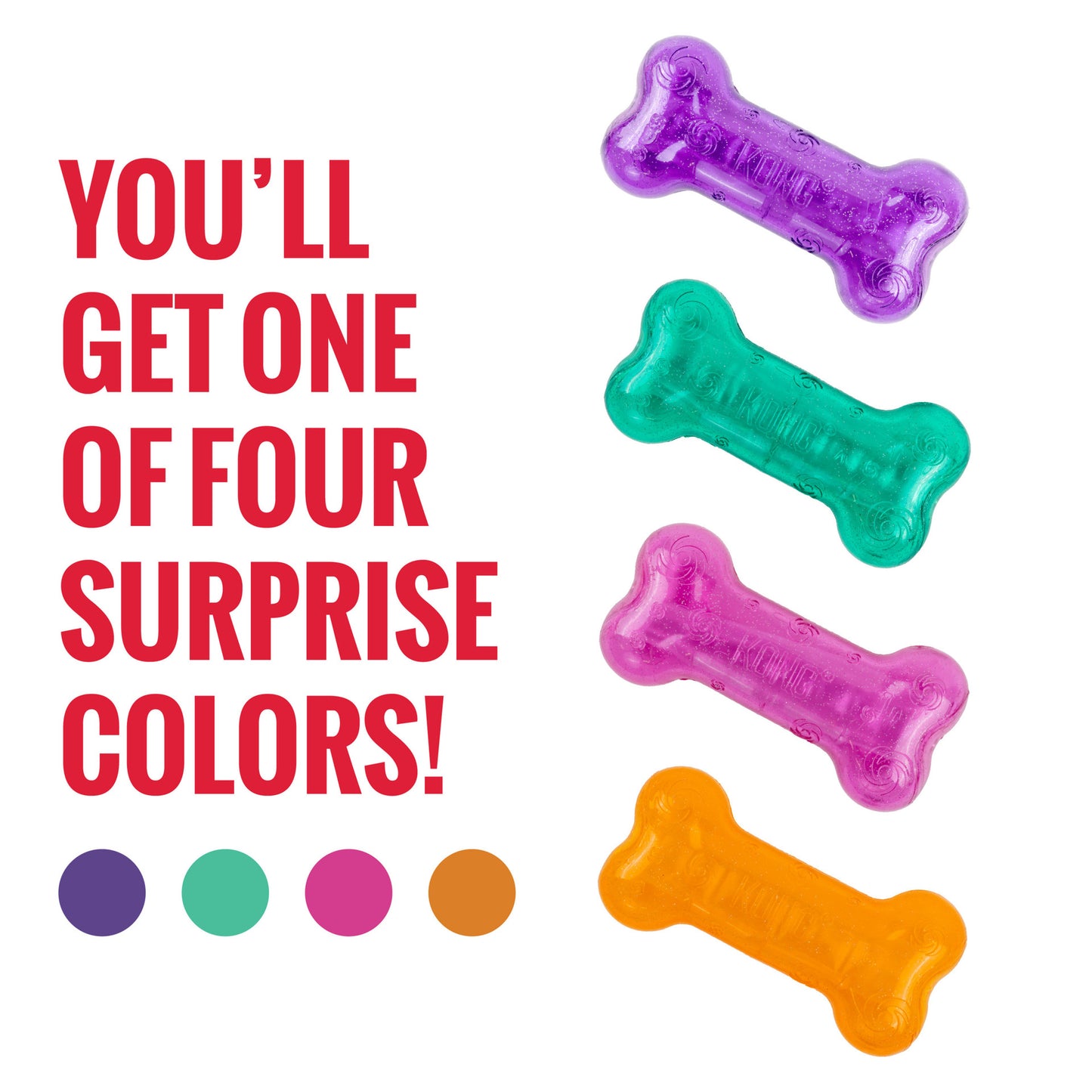 Colorful KONG Crackle  bone toy with text indicating surprise color options on a white background.