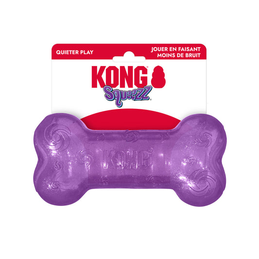Purple KONG Squeezz Crackle Bone dog toy on a white background