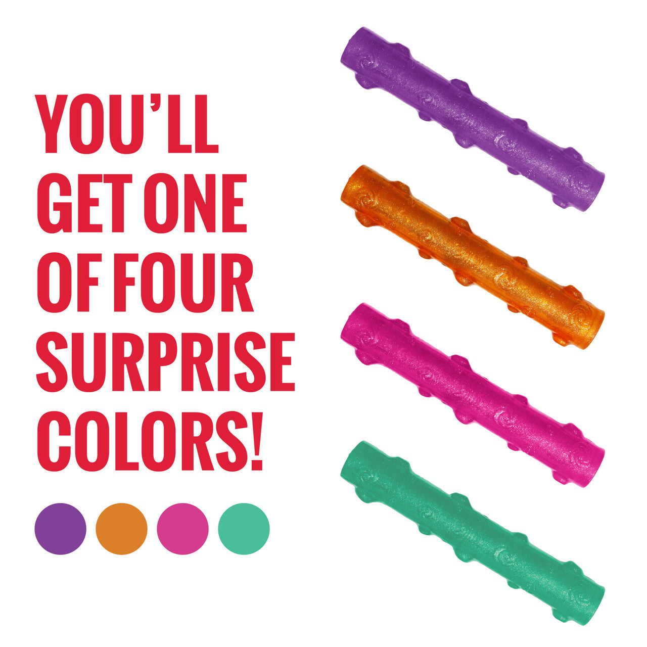 KONG Crackle Stick Dog Colorful dog  toys with text indicating four surprise color options on a white background.