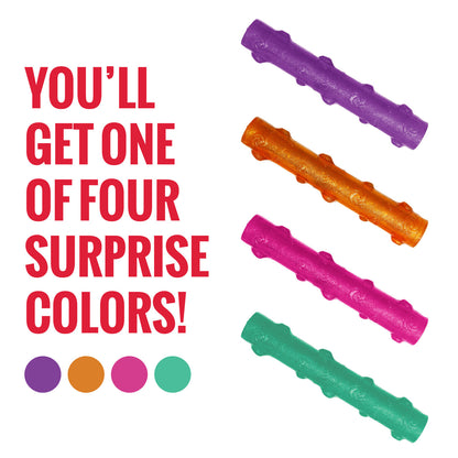 KONG Crackle Stick Dog Colorful dog  toys with text indicating four surprise color options on a white background.