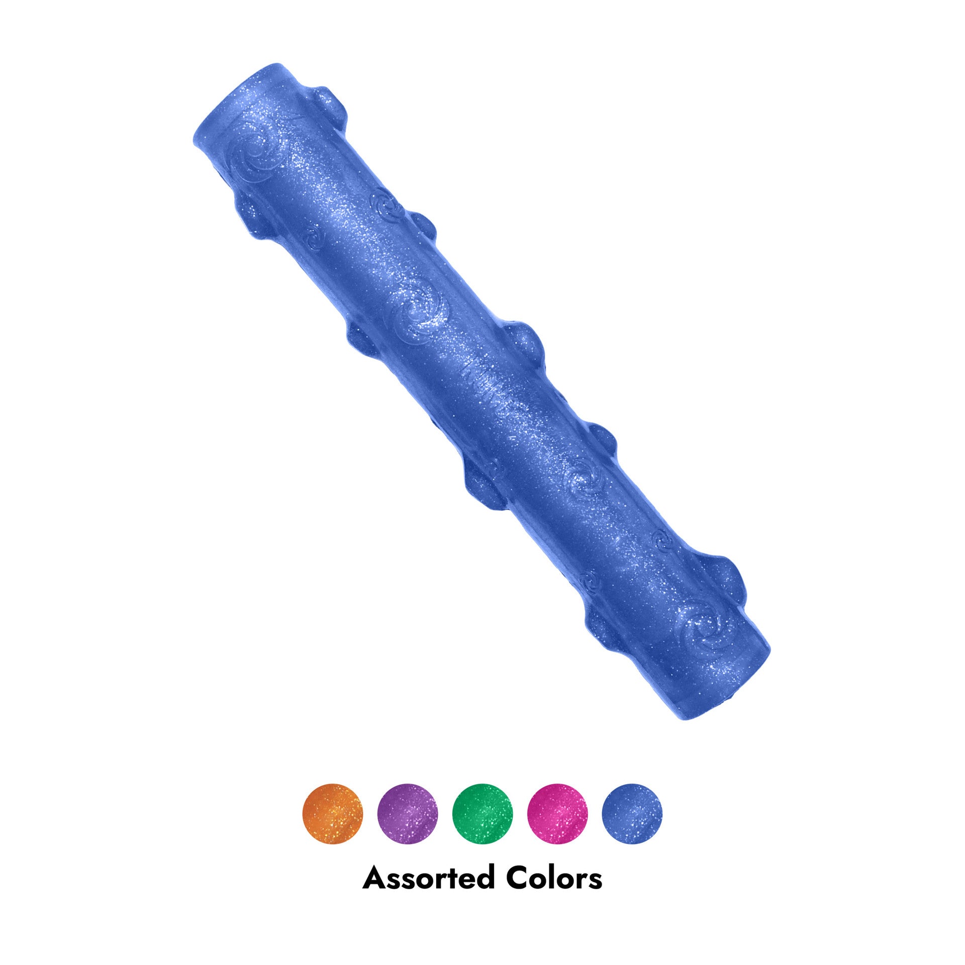 Blue KONG Crackle Stick Dog toy with color swatches for assorted colors on a white background