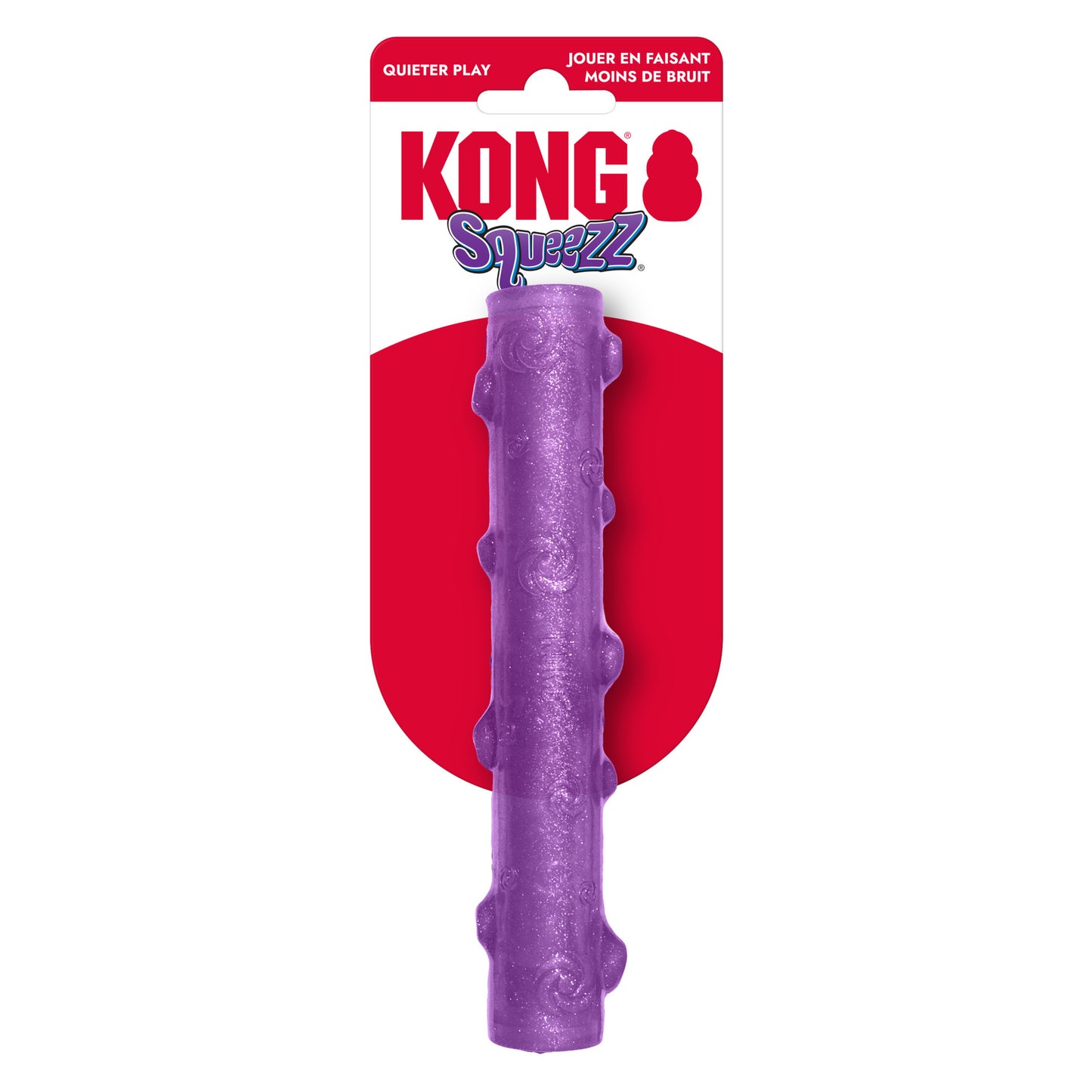 Purple KONG Squeezz crackle stick toy with red packaging on a white background