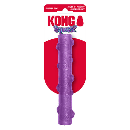 Purple KONG Squeezz crackle stick toy with red packaging on a white background