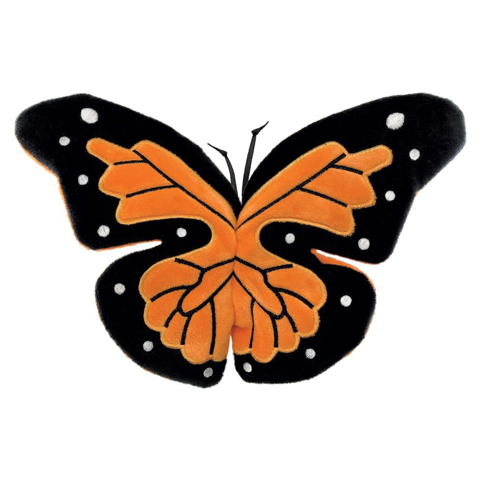 Butterfly-shaped KONG Cat toy with orange center and black wings on a white background