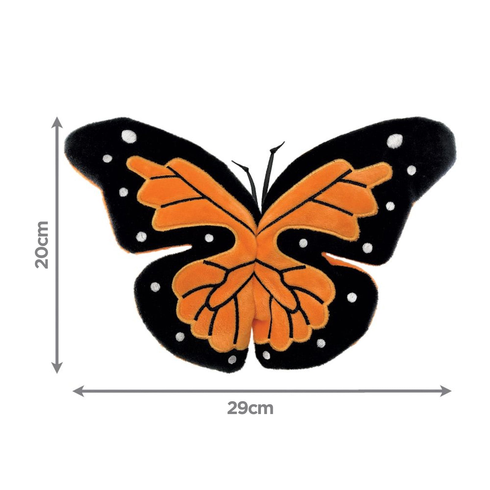 Butterfly-shaped KONG toy with dimensions on a white background