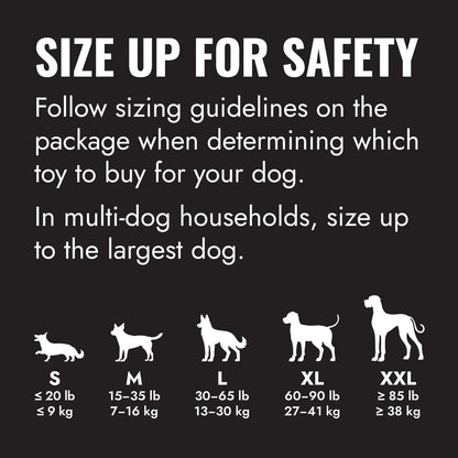 KONG Dog toy size chart with guidelines for safety on a black background