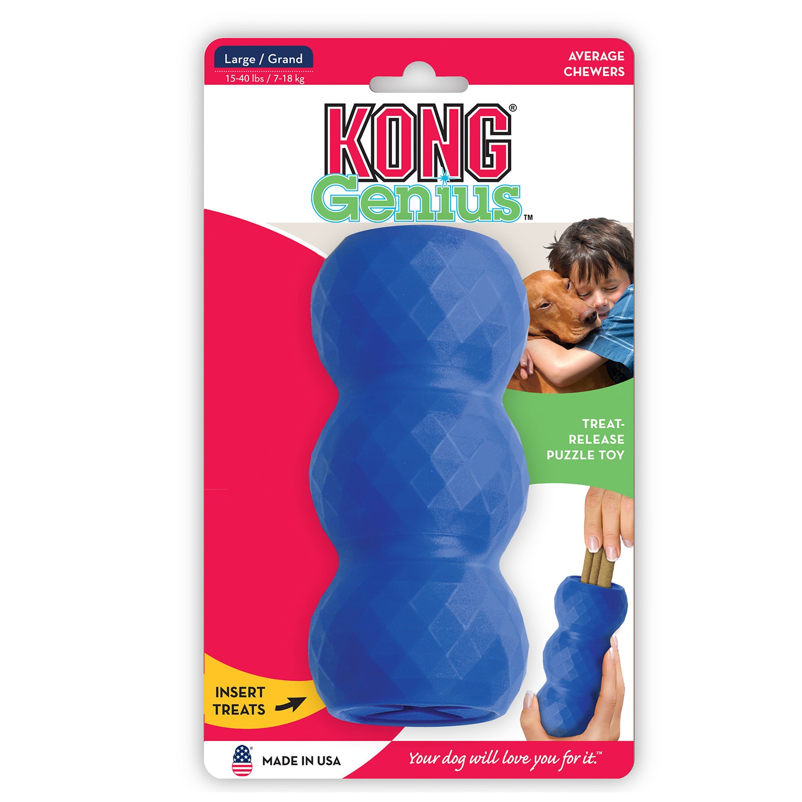 KONG Genius dog toy packaging with blue toy and colorful label