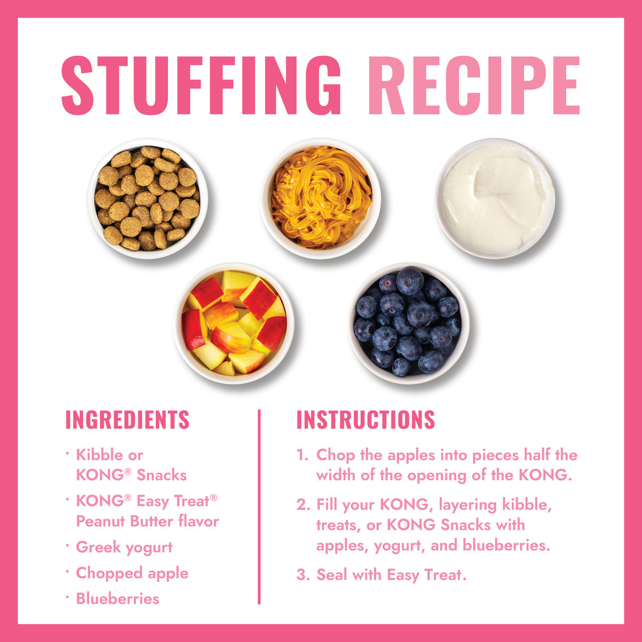 KONG Recipe card for stuffing with ingredients and instructions on a pink background