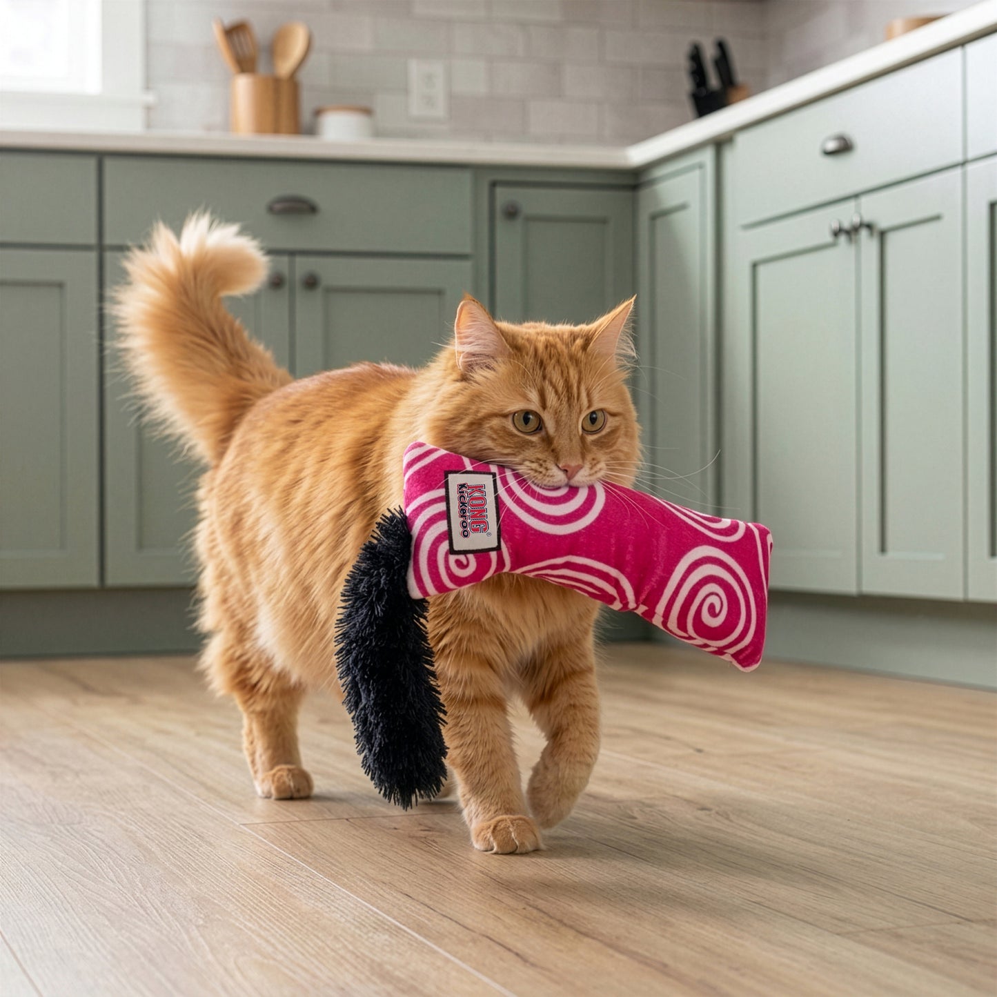Ginger cat playing with a pink KONG Kickeroo Swirl cat toy in a kitchen