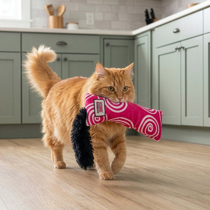 Ginger cat playing with a pink KONG Kickeroo Swirl cat toy in a kitchen
