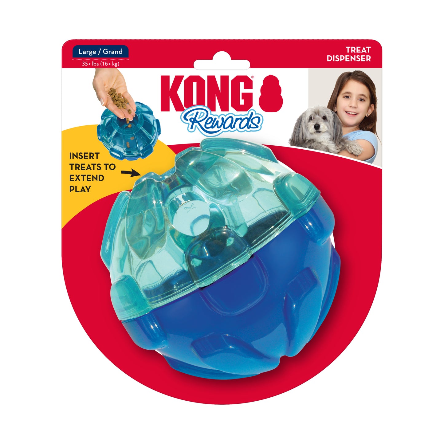 A KONG Rewards Ball in blue color, shown in its packaging with a label that highlights its features, such as being a treat dispenser and having a unique bounce and roll action. A dog and a small dog bowl are also depicted on the package.