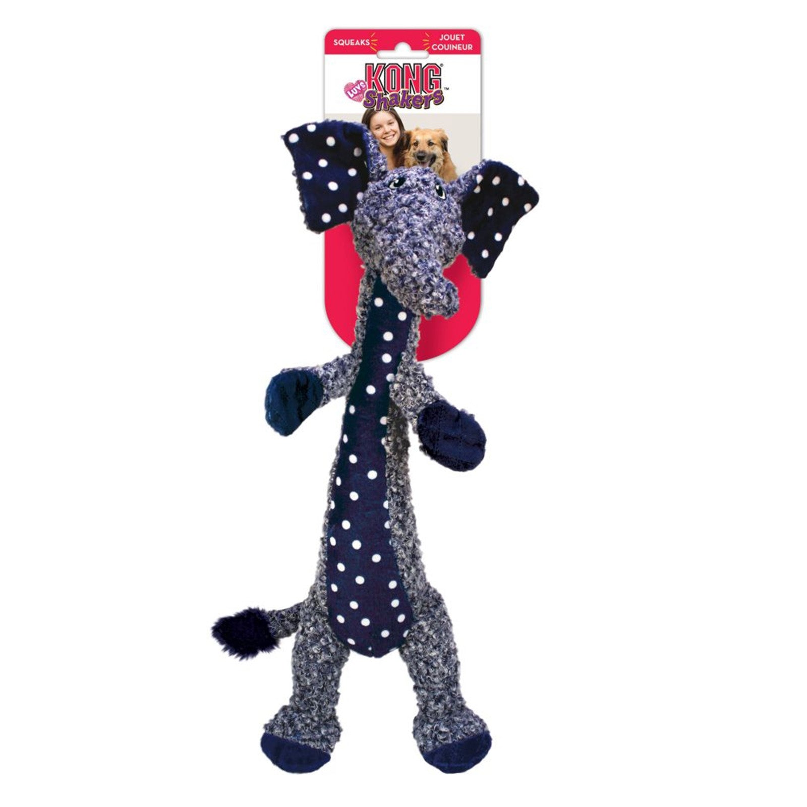 KONG Shakers Luvs Elephant Dog toy with polka dot pattern on a white background