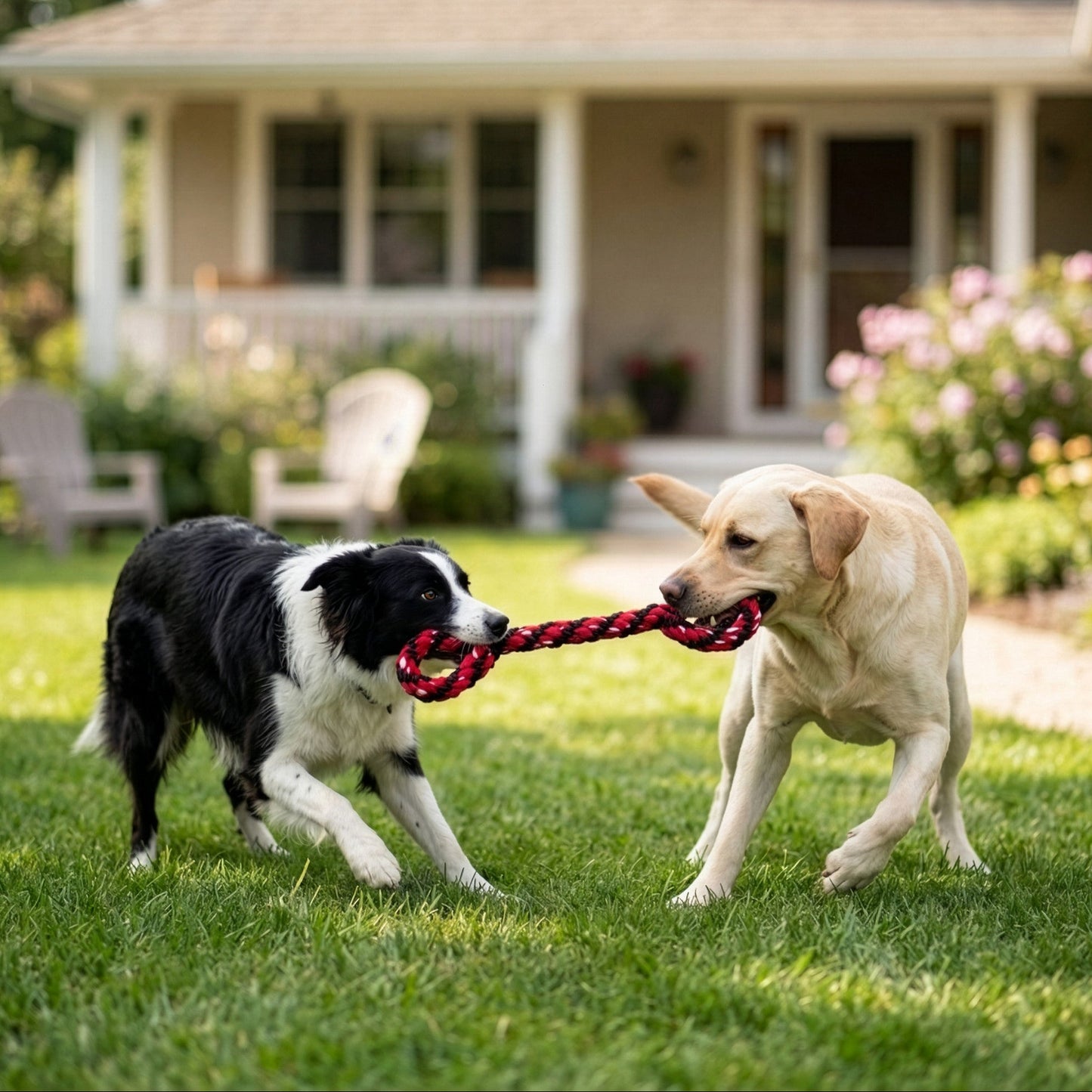 Two dogs playing with a KONG Signature Double Tug Rope toy in a grassy yard with a house in the background.