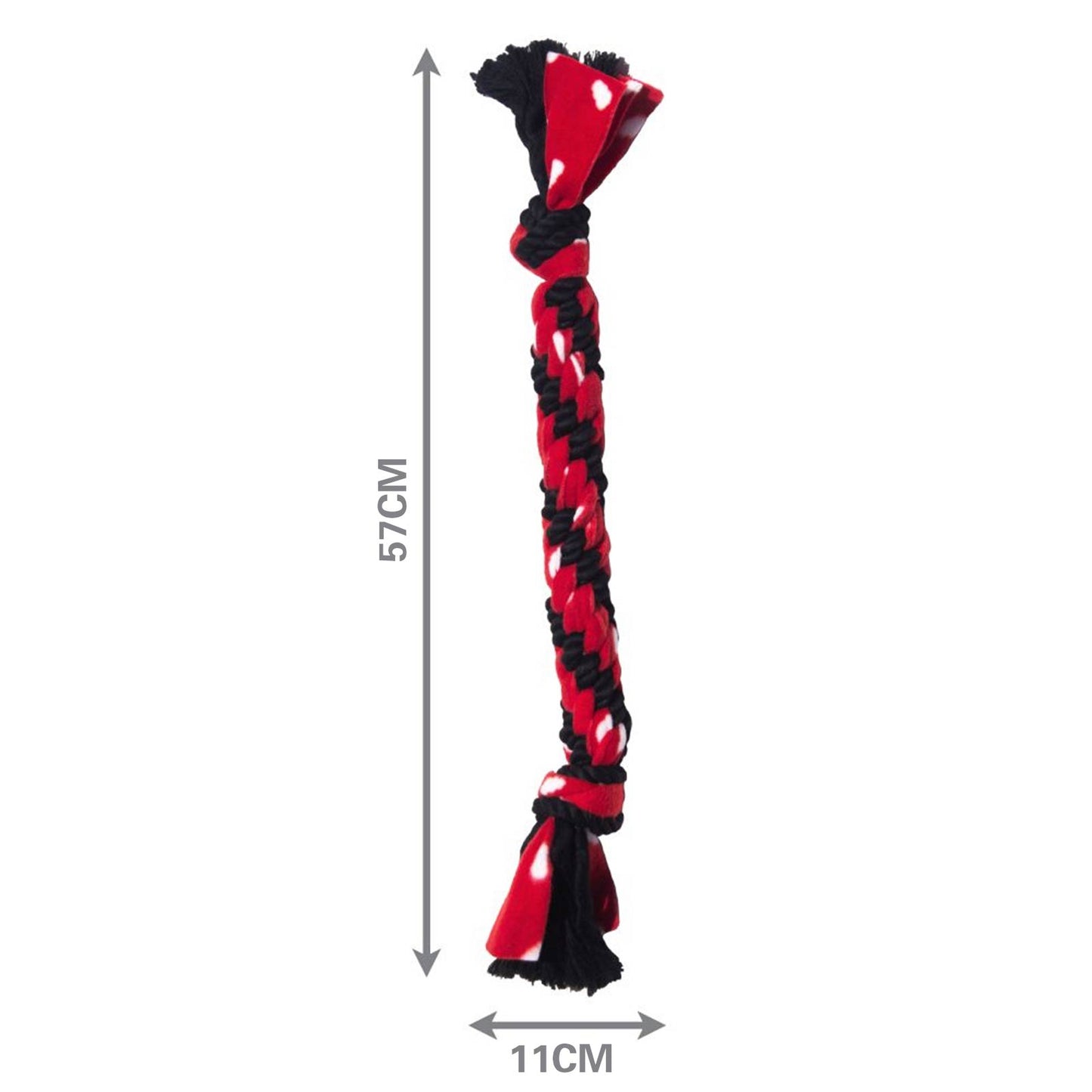 Red and black KONG Signature Rope dog toy with measurements on a white background