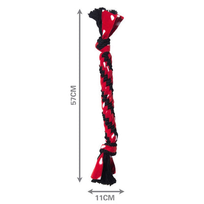 Red and black KONG Signature Rope dog toy with measurements on a white background