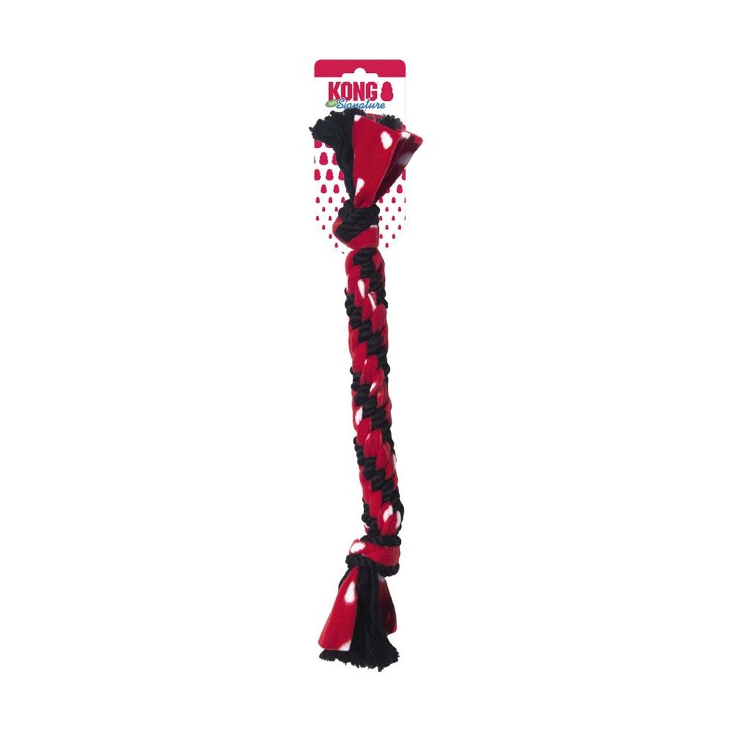 Red and black KONG Signature Rope dog toy with packaging on a white background