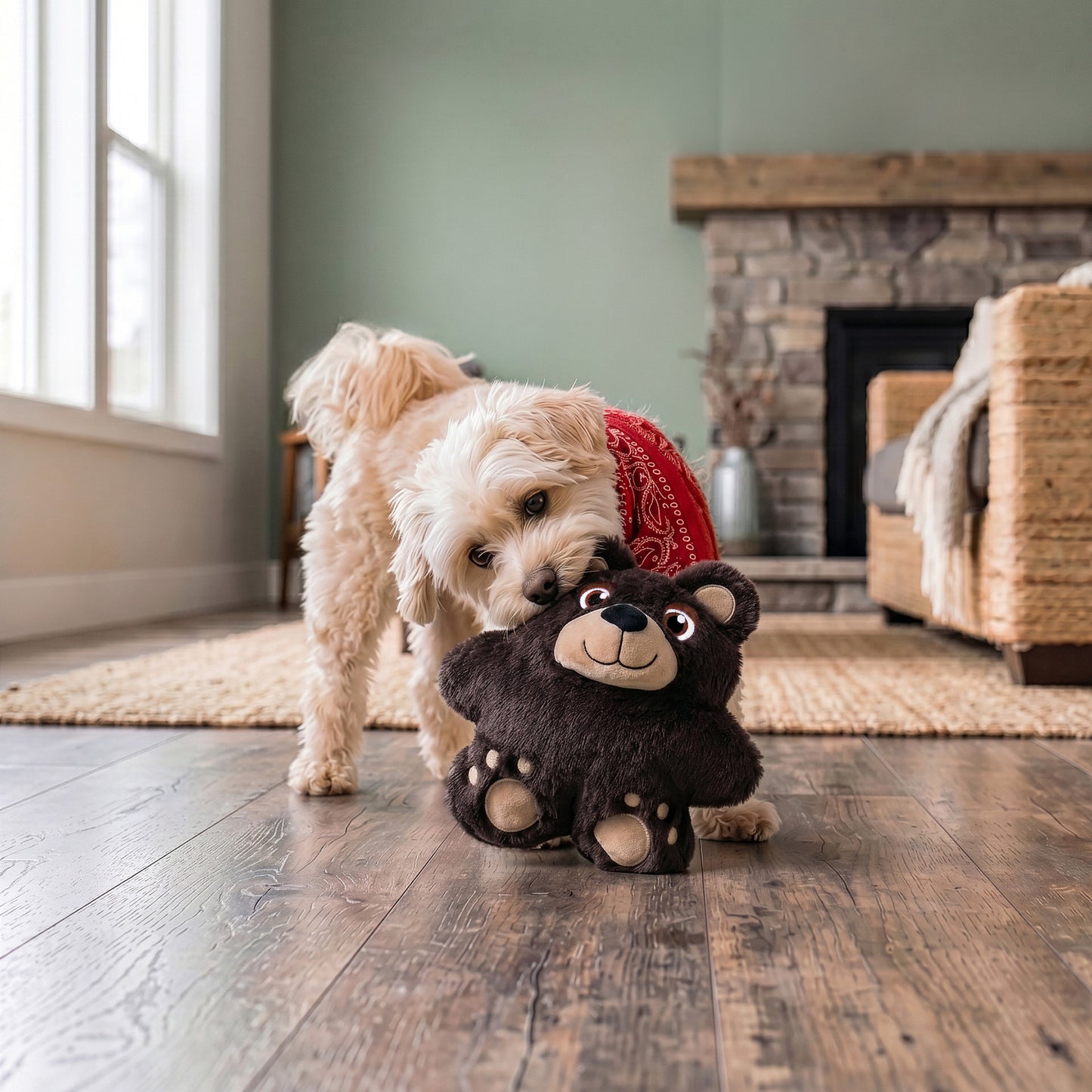 Dog playing with a plush KONG Snuzzles bear toy on a wooden floor in a cozy living room.