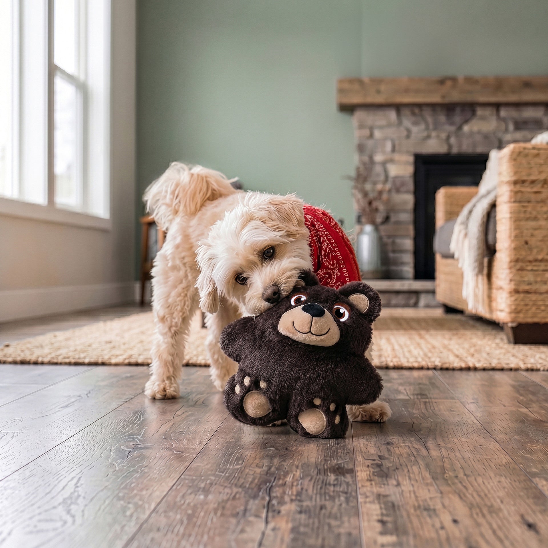 Dog playing with a plush KONG Snuzzles bear toy on a wooden floor in a cozy living room.