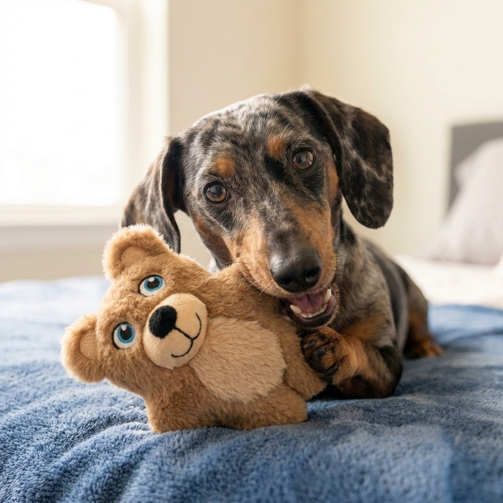 Dog holding a KONG Snuzzles Kiddos teddy bear on a blue blanket