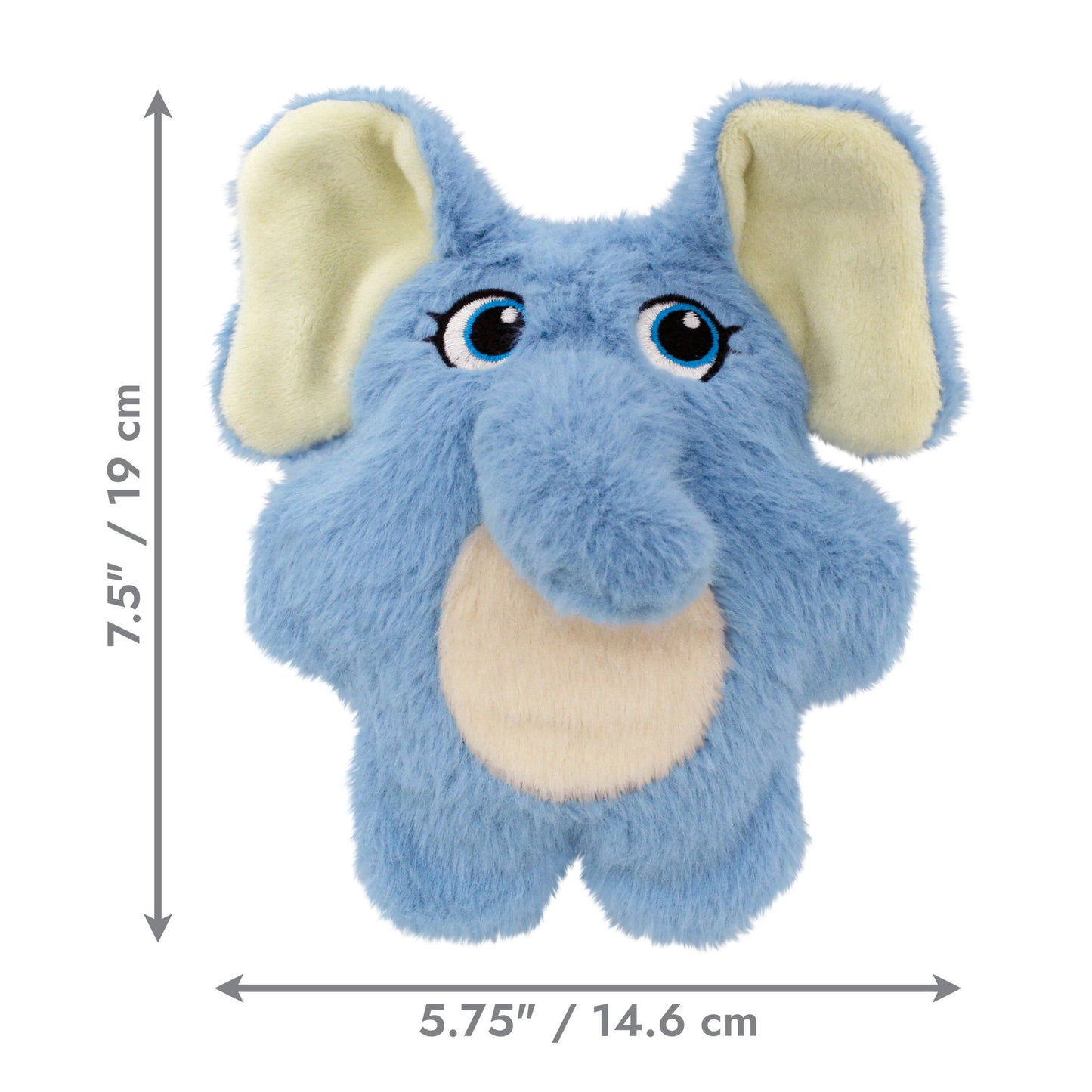 Blue plush KONG Snuzzles Kiddos elephant toy with measurements on a white background