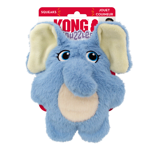 A plush blue elephant-shaped dog toy with a squeaker, part of the KONG Snuzzles Kiddos product line.