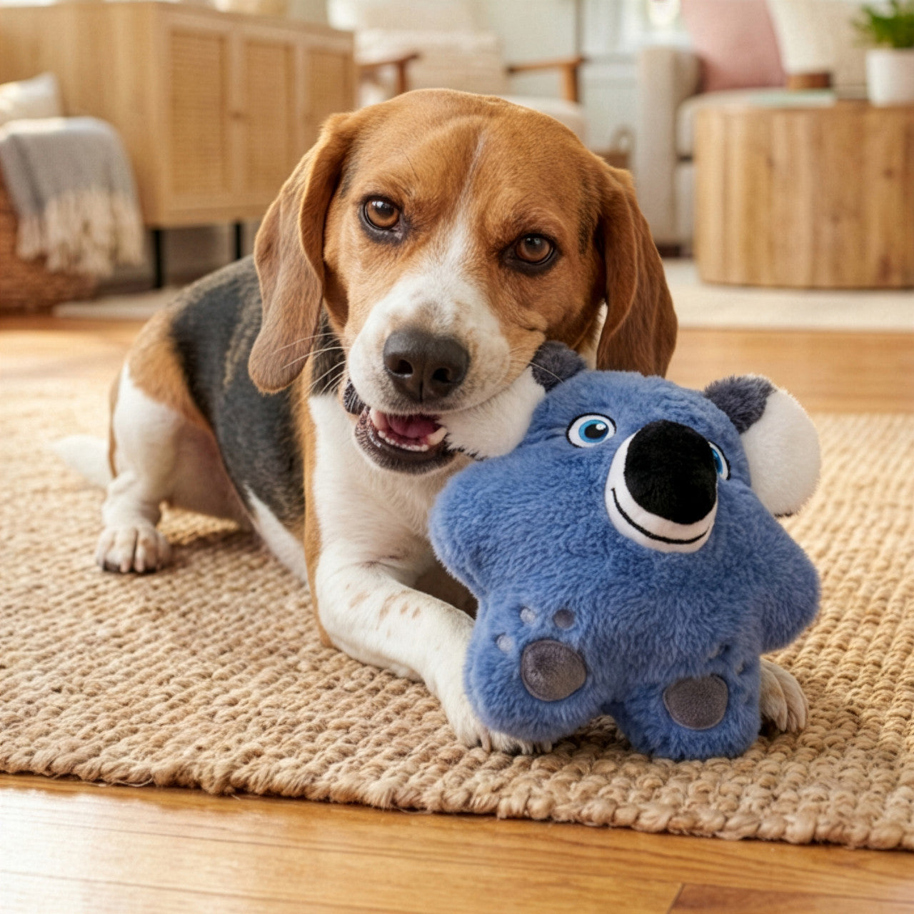Dog lying on a rug with a blue plush koala KONG Snuzzles toy resembling a character from a movie.