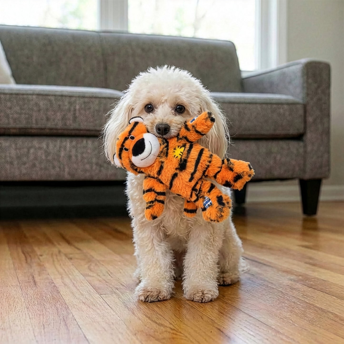 Small white dog holding a Kong Wild Knots Tiger dog toy on a wooden floor with a gray couch in the background.