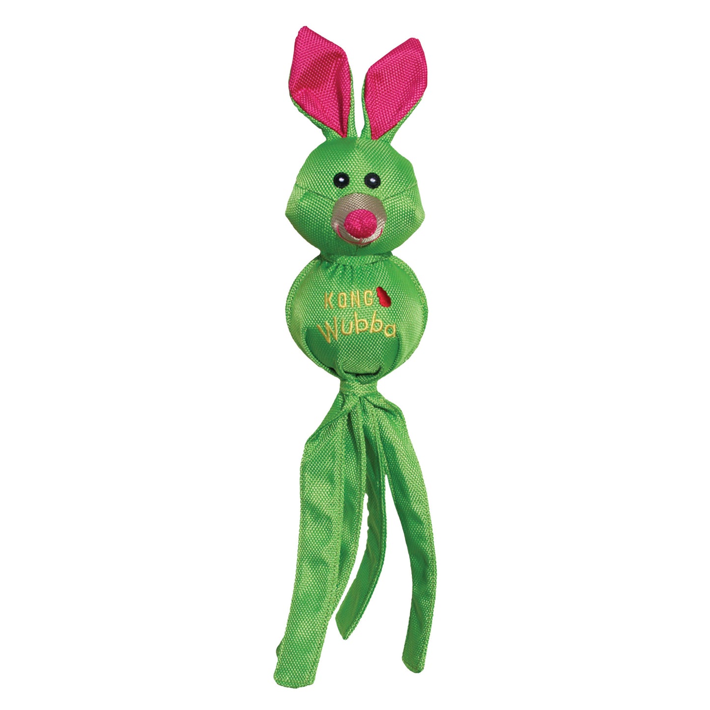 Green KONG Wubba Ballistic Friends dog toy shaped like a rabbit with pink ears on a white background
