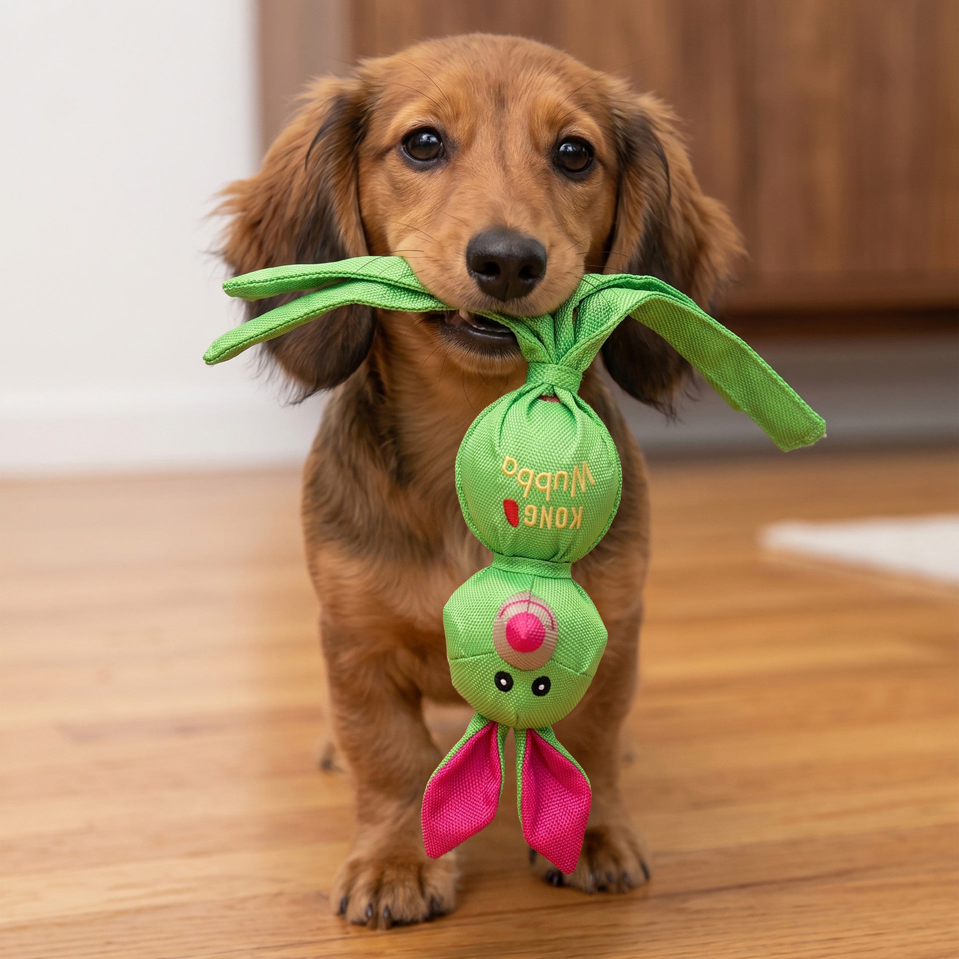 Small dog holding a green KONG Wubba Ballistic Friends dog toy with pink accents on a wooden floor.
