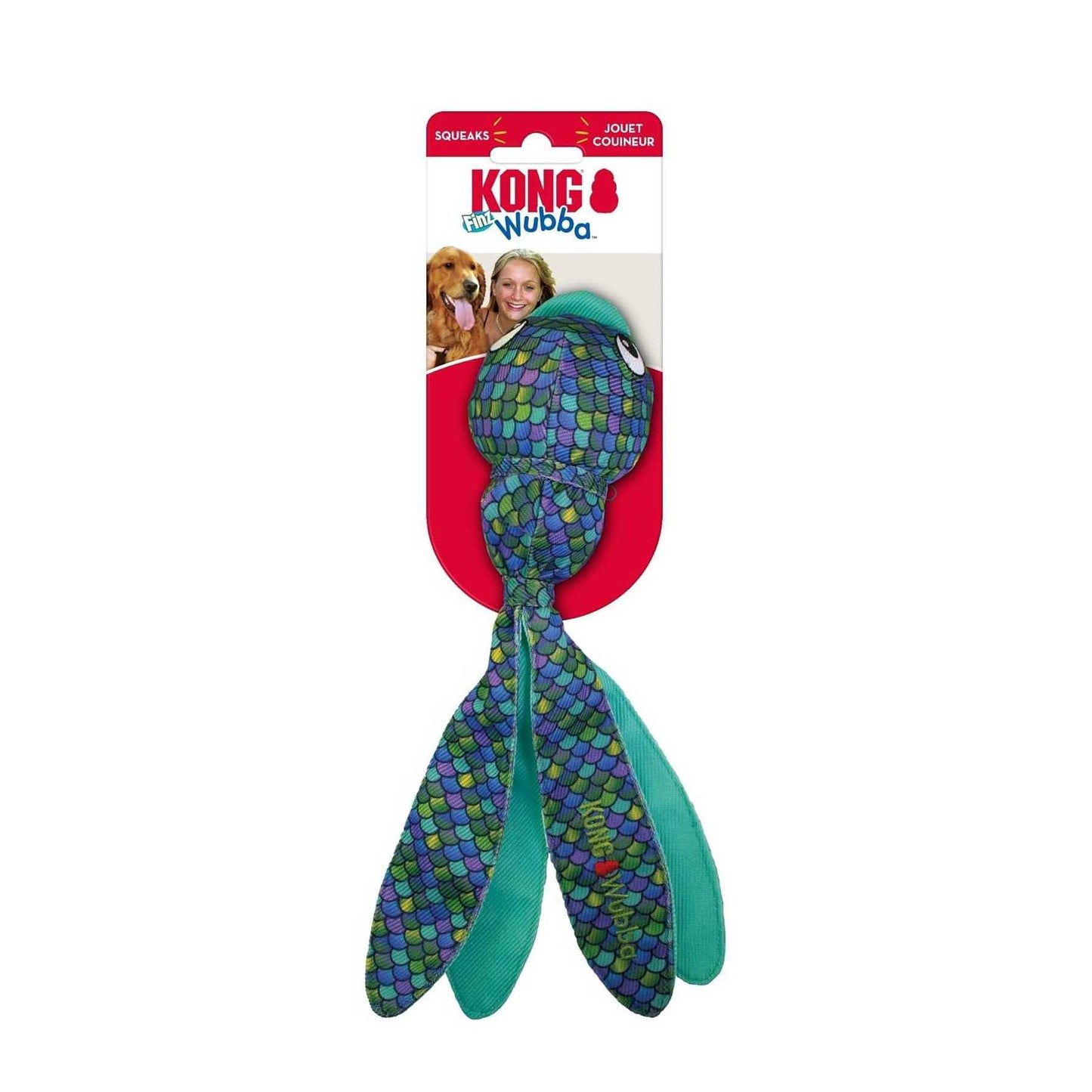 Kong Wubba Finz dog toy with packaging on a white background