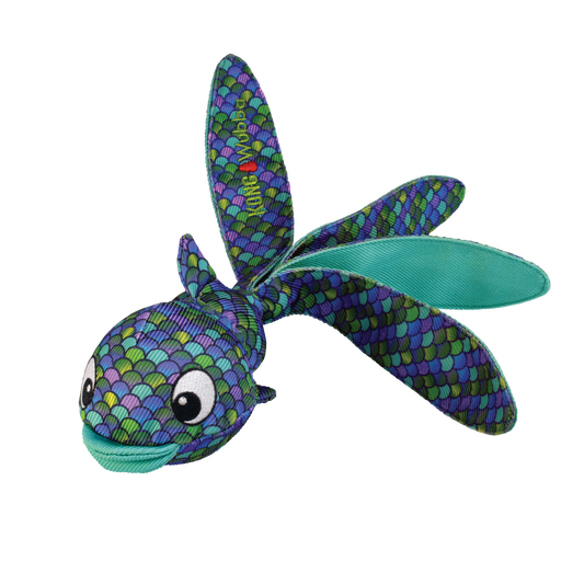 A multicolored KONG dog toy designed like a fish with long floppy tails and a smiling face.
