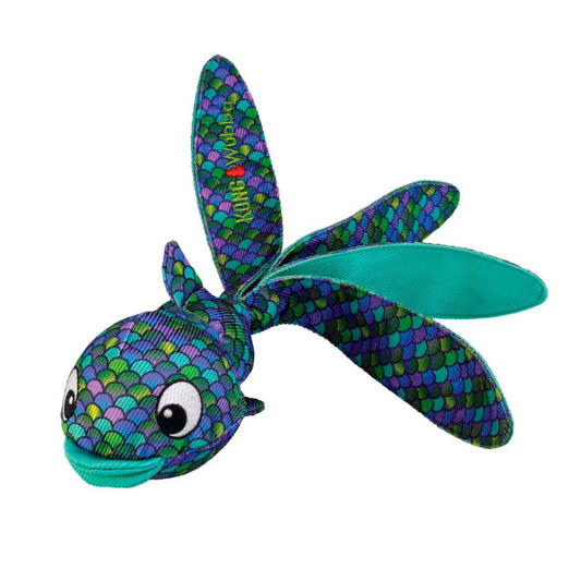 Colorful KONG Wubba Finz fish-shaped toy with a patterned body on a white background