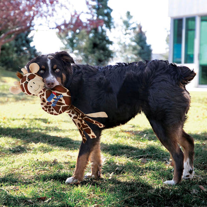 KONG Wubba No Stuff Giraffe in a dogs mouth