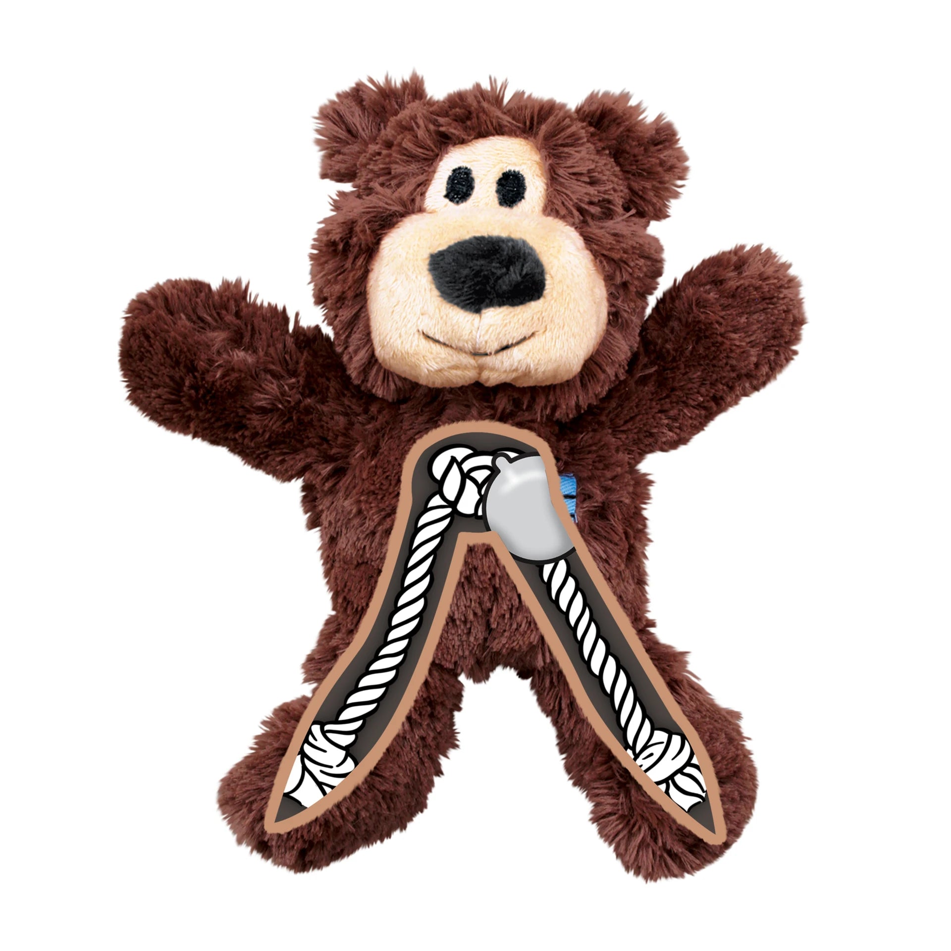 Brown KONG Wild Knots Bear showing the inside on a white background