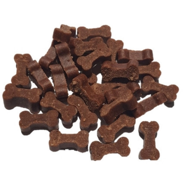 Kangaroo bone-shaped dog treats on a white background