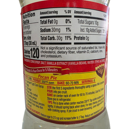 Karo Syrup Bottle label with nutritional information and cooking instructions for a pecan pie mix.