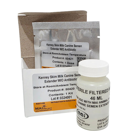 Kenney Skin Milk Canine Semen Extender WO Antibiotic kit showing a white bottle with a white cap, a silver foil packet, and a brown cardboard box on a white background.